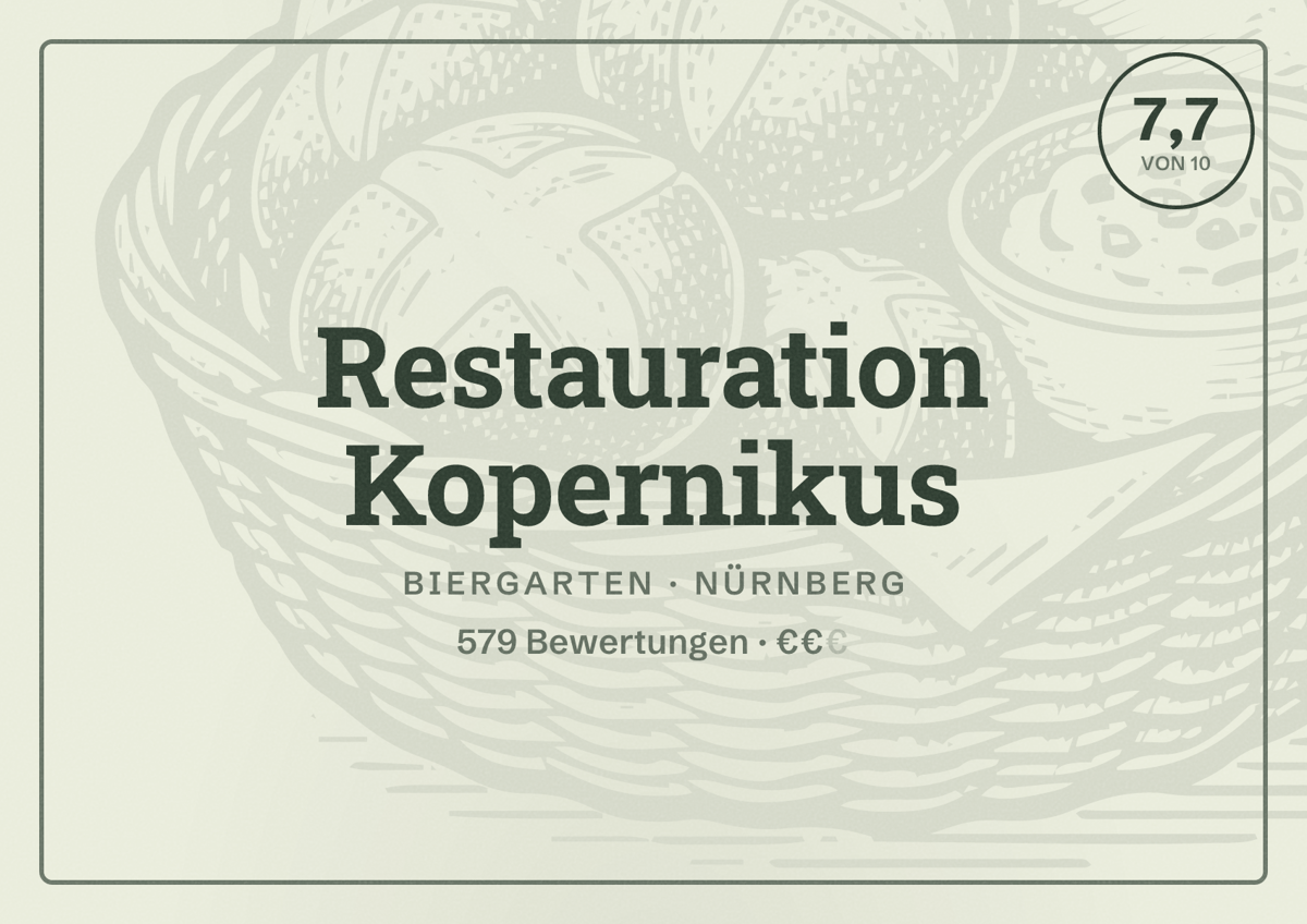 Illustriertes Poster von Restauration Kopernikus, Biergarten in Nürnberg: Bewertung 7,7 von 10 aus 579 Bewertungen, Preisniveau €€