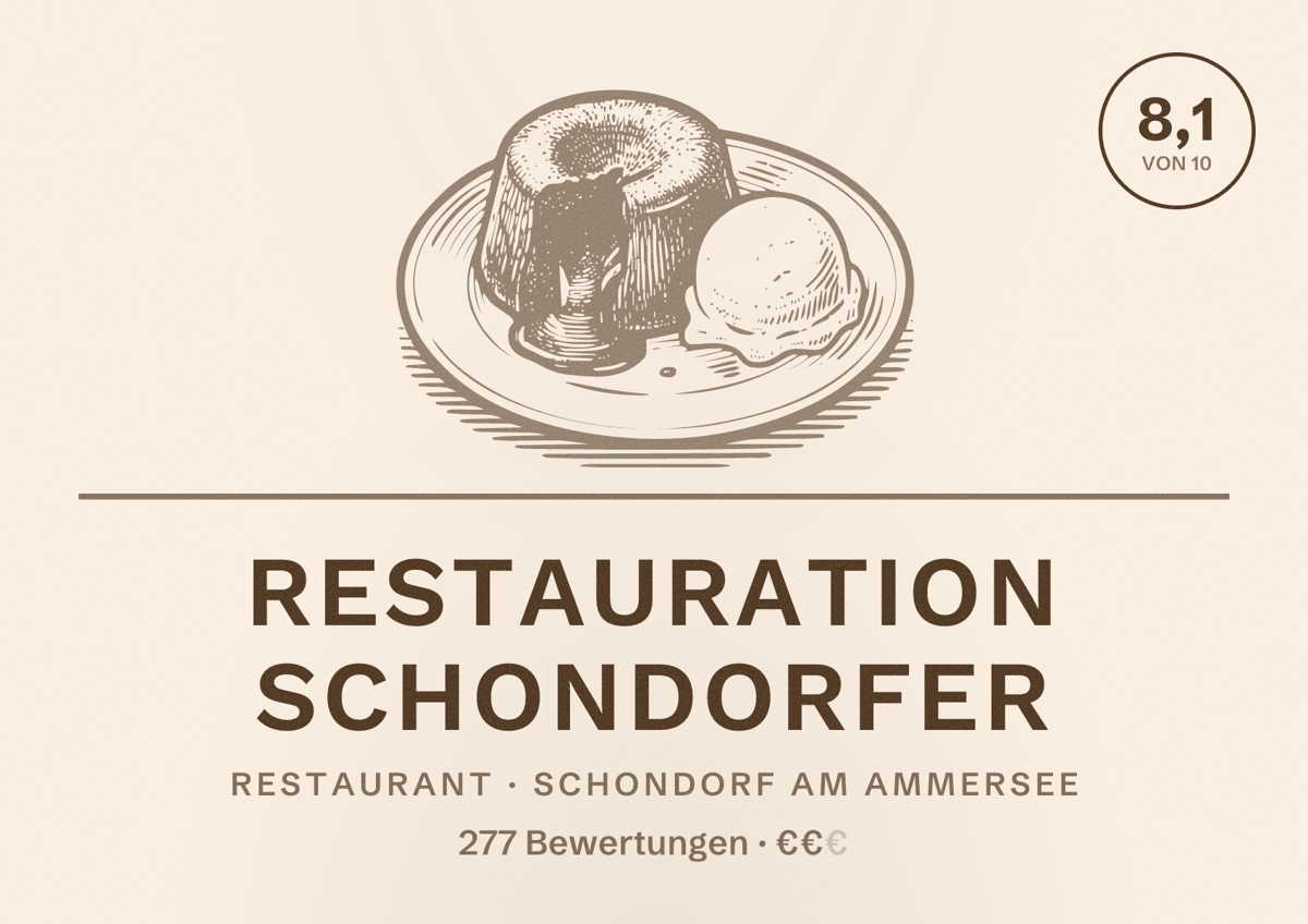Illustriertes Poster von Restauration Schondorfer, Restaurant in Schondorf am Ammersee: Bewertung 8,1 von 10 aus 277 Bewertungen, Preisniveau €€