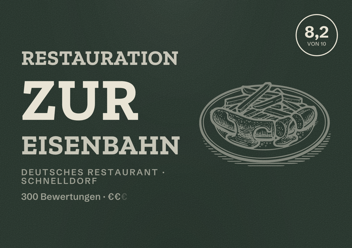 Illustriertes Poster von Restauration Zur Eisenbahn, Deutsches Restaurant in Schnelldorf: Bewertung 8,2 von 10 aus 300 Bewertungen, Preisniveau €€