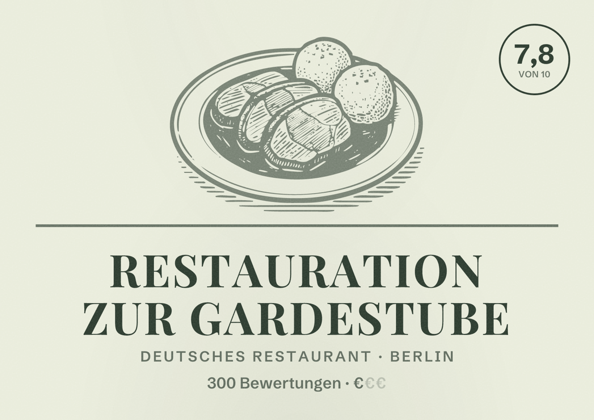 Illustriertes Poster von Restauration Zur Gardestube, Deutsches Restaurant in Berlin: Bewertung 7,8 von 10 aus 300 Bewertungen, Preisniveau €