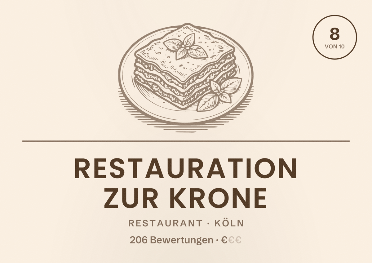 Illustriertes Poster von Restauration Zur Krone, Restaurant in Köln: Bewertung 8,0 von 10 aus 206 Bewertungen, Preisniveau €
