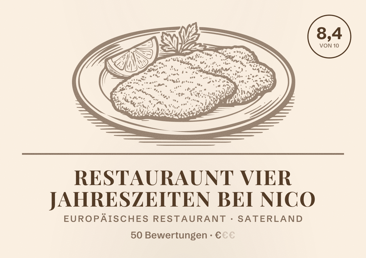 Illustriertes Poster von Restauraunt Vier Jahreszeiten bei Nico, Europäisches Restaurant in Saterland: Bewertung 8,4 von 10 aus 50 Bewertungen, Preisniveau €