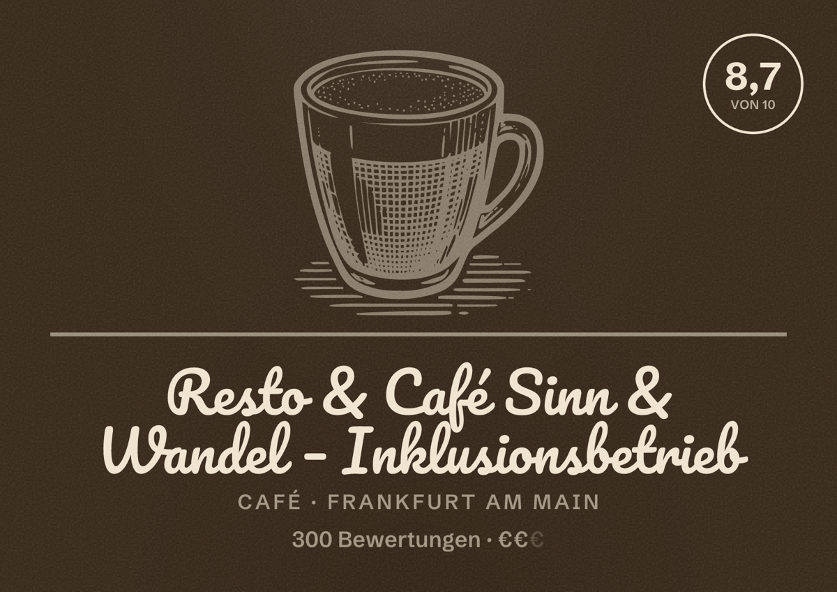 Illustriertes Poster von Resto & Café Sinn & Wandel – Inklusionsbetrieb, Café in Frankfurt am Main: Bewertung 8,7 von 10 aus 300 Bewertungen, Preisniveau €€