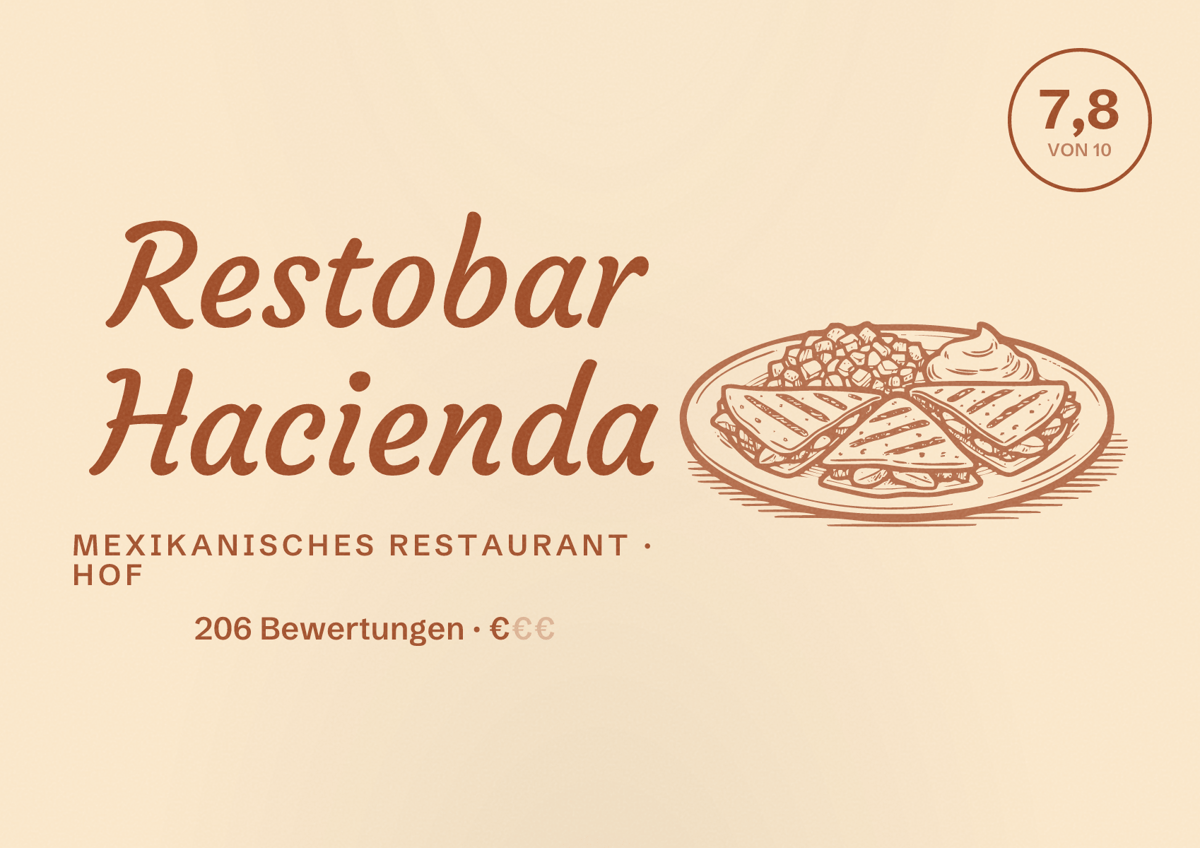 Illustriertes Poster von Restobar Hacienda, Mexikanisches Restaurant in Hof: Bewertung 7,8 von 10 aus 206 Bewertungen, Preisniveau €
