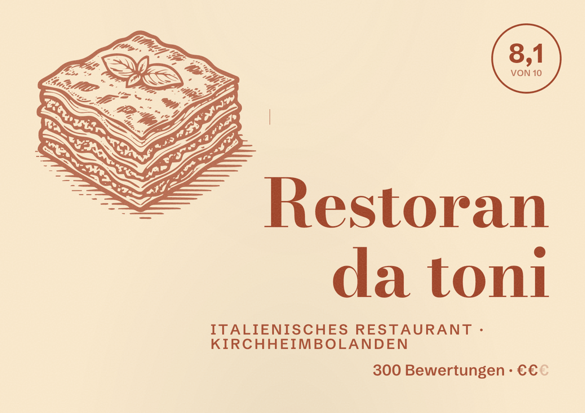Illustriertes Poster von Restoran da toni, Italienisches Restaurant in Kirchheimbolanden: Bewertung 8,1 von 10 aus 300 Bewertungen, Preisniveau €€