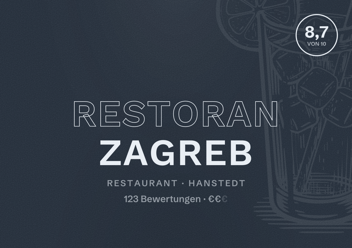 Illustriertes Poster von Restoran Zagreb, Restaurant in Hanstedt: Bewertung 8,7 von 10 aus 123 Bewertungen, Preisniveau €€