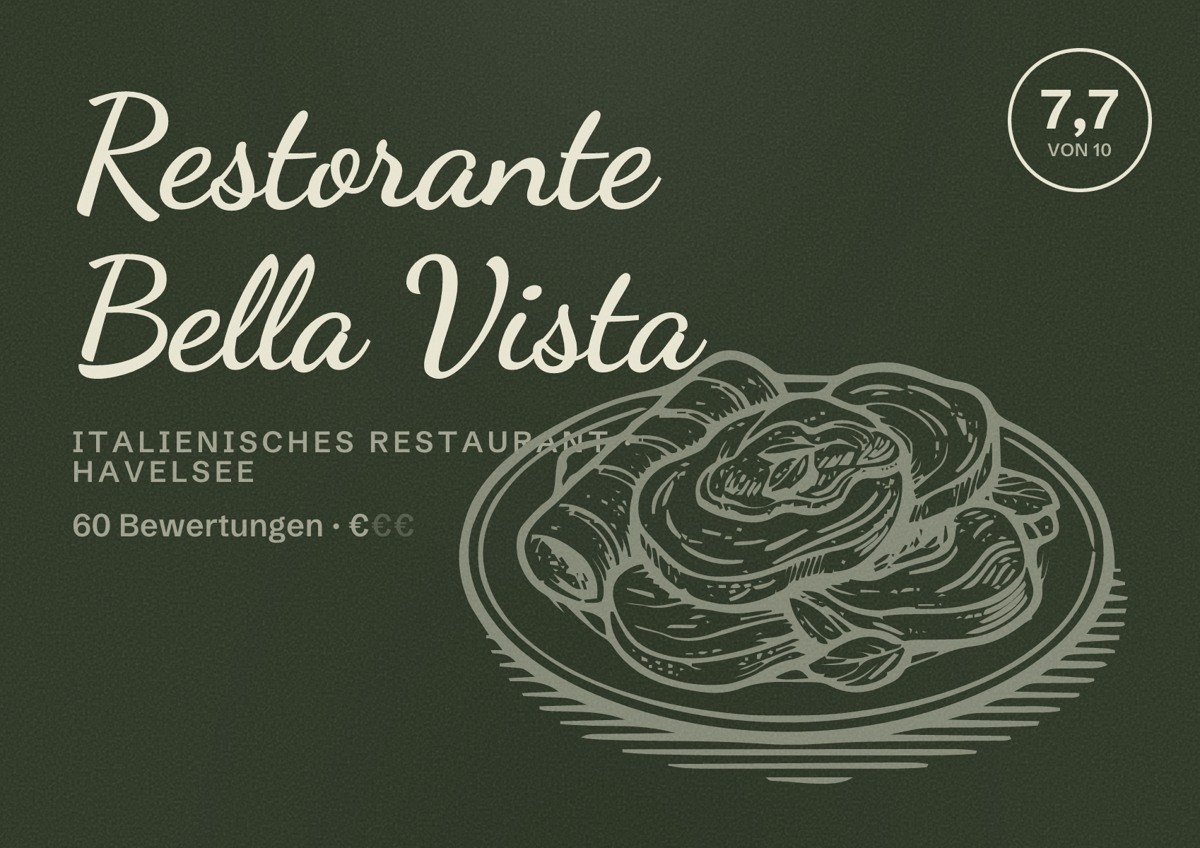 Illustriertes Poster von Restorante Bella Vista, Italienisches Restaurant in Havelsee: Bewertung 7,7 von 10 aus 60 Bewertungen, Preisniveau €