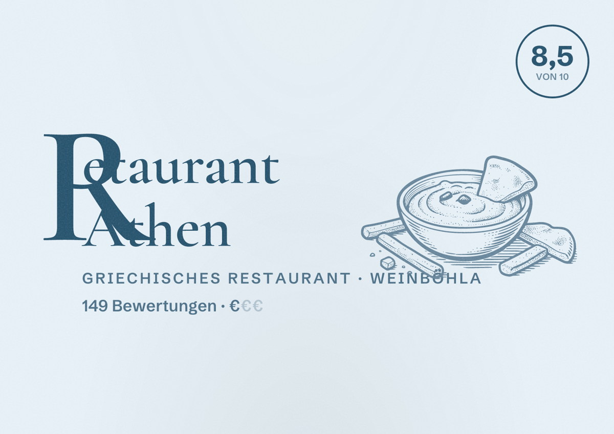 Illustriertes Poster von Retaurant Athen, Griechisches Restaurant in Weinböhla: Bewertung 8,5 von 10 aus 149 Bewertungen, Preisniveau €