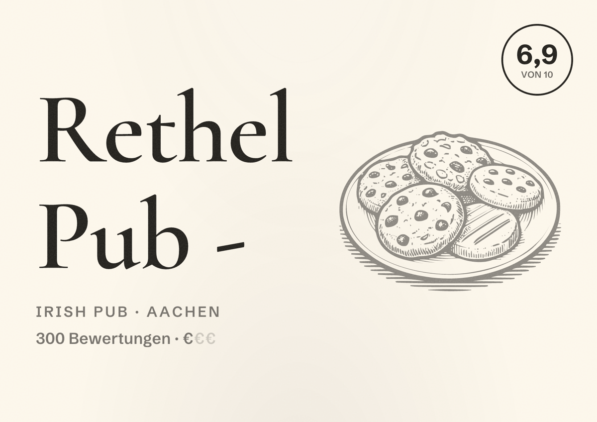 Illustriertes Poster von Rethel Pub -, Irish Pub in Aachen: Bewertung 6,9 von 10 aus 300 Bewertungen, Preisniveau €