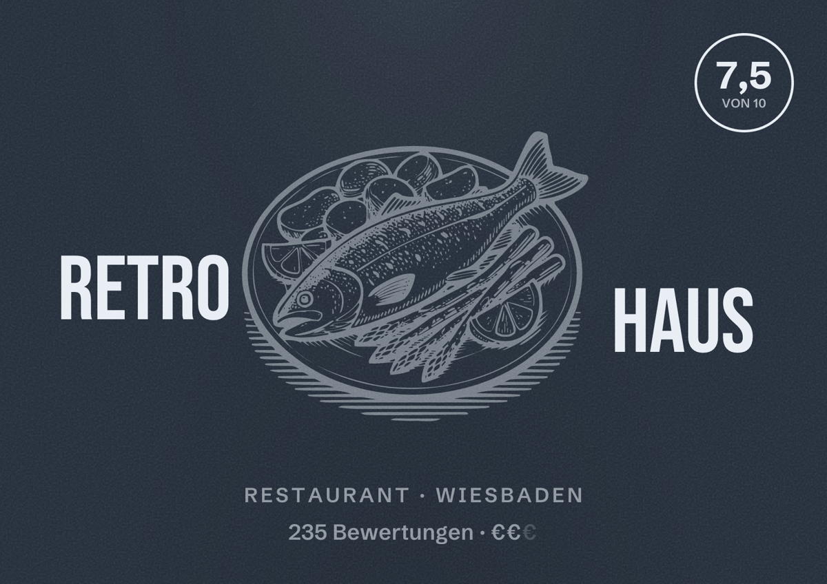 Illustriertes Poster von Retro Haus, Restaurant in Wiesbaden: Bewertung 7,5 von 10 aus 235 Bewertungen, Preisniveau €€