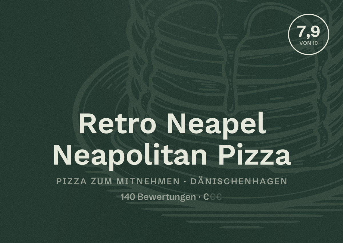 Illustriertes Poster von Retro Neapel Neapolitan Pizza, Pizza zum Mitnehmen in Dänischenhagen: Bewertung 7,9 von 10 aus 140 Bewertungen, Preisniveau €