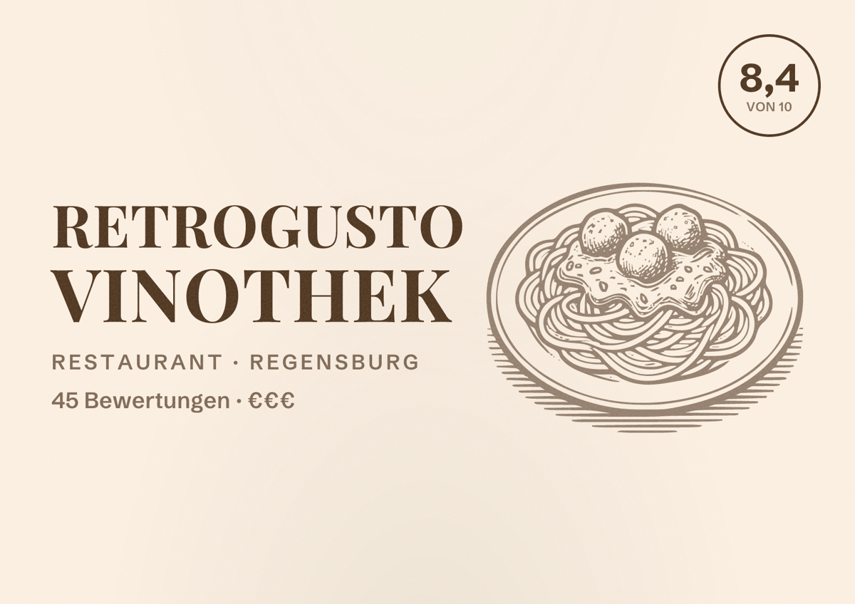 Illustriertes Poster von Retrogusto Vinothek, Restaurant in Regensburg: Bewertung 8,4 von 10 aus 45 Bewertungen, Preisniveau €€€
