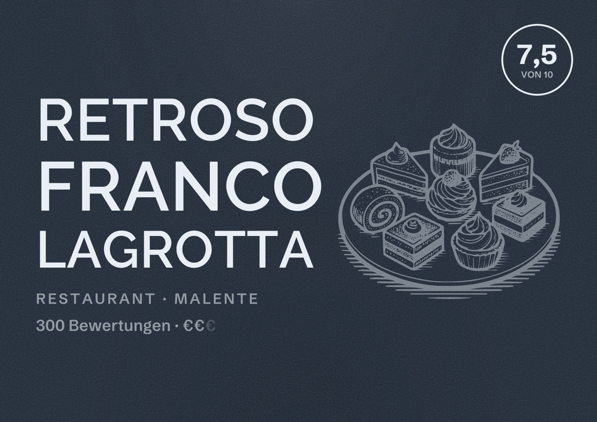 Illustriertes Poster von RETROSO FRANCO LAGROTTA, Restaurant in Malente: Bewertung 7,5 von 10 aus 300 Bewertungen, Preisniveau €€
