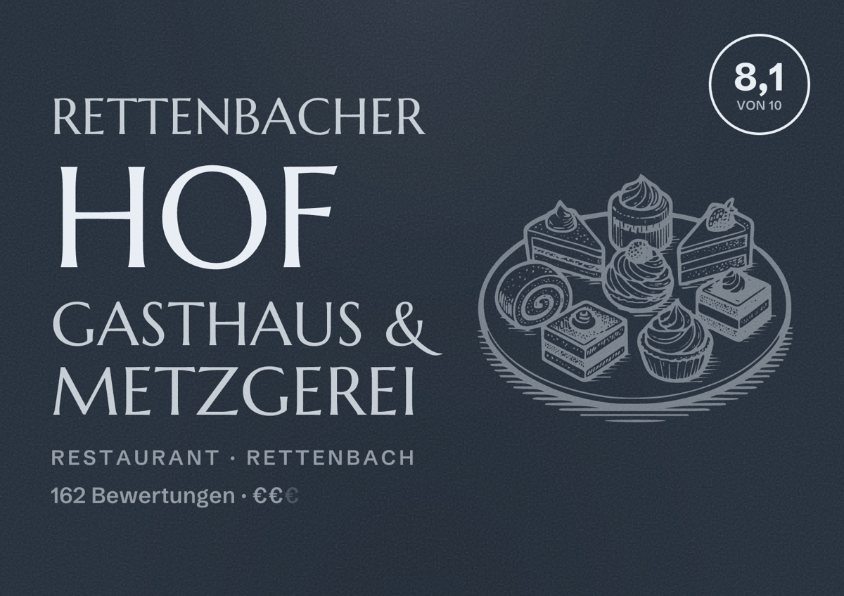 Illustriertes Poster von Rettenbacher Hof Gasthaus & Metzgerei, Restaurant in Rettenbach: Bewertung 8,1 von 10 aus 162 Bewertungen, Preisniveau €€