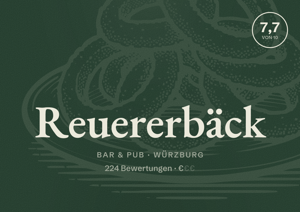 Illustriertes Poster von Reuererbäck, Bar & Pub in Würzburg: Bewertung 7,7 von 10 aus 224 Bewertungen, Preisniveau €