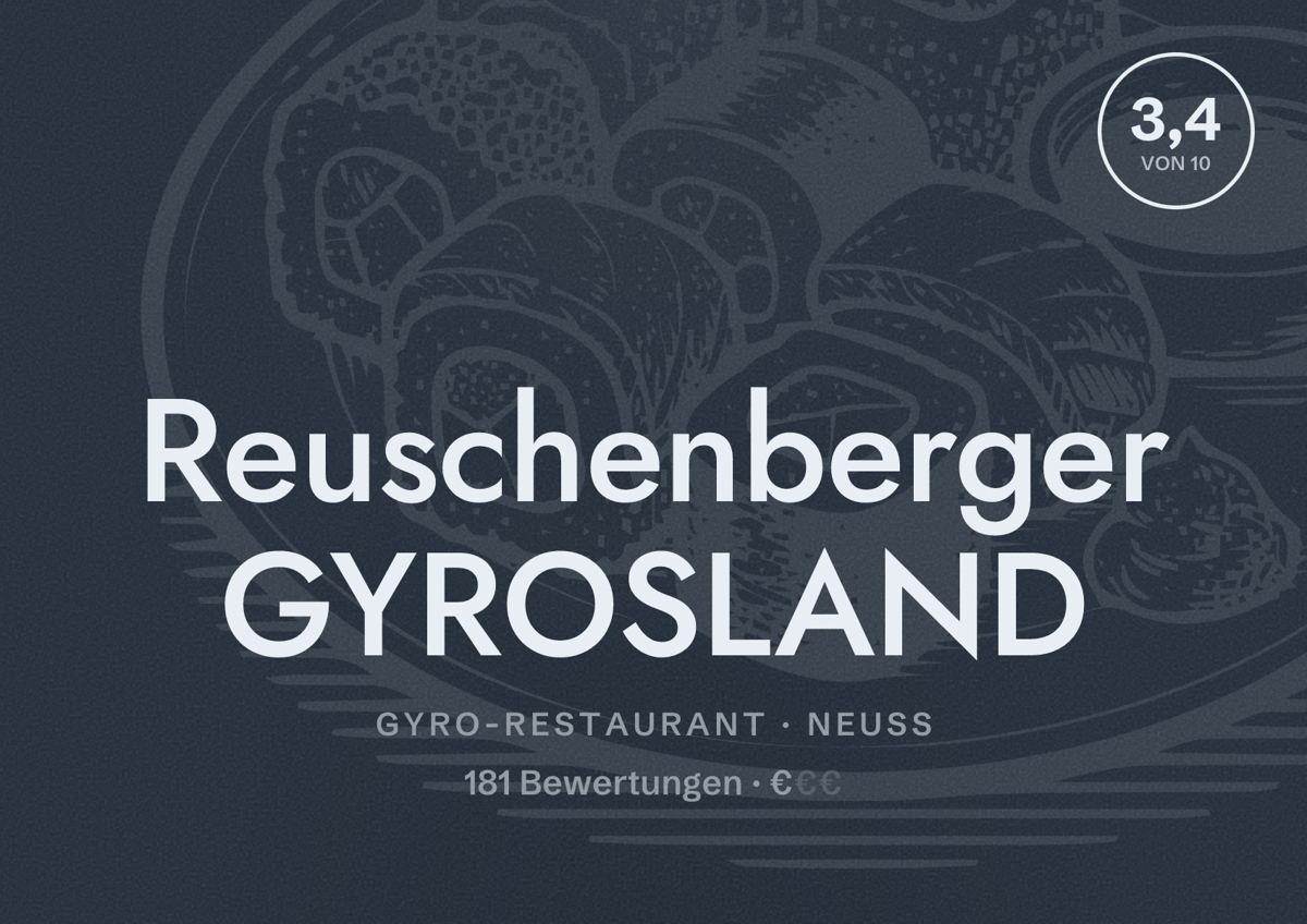 Illustriertes Poster von Reuschenberger GYROSLAND, Gyro-Restaurant in Neuss: Bewertung 3,4 von 10 aus 181 Bewertungen, Preisniveau €