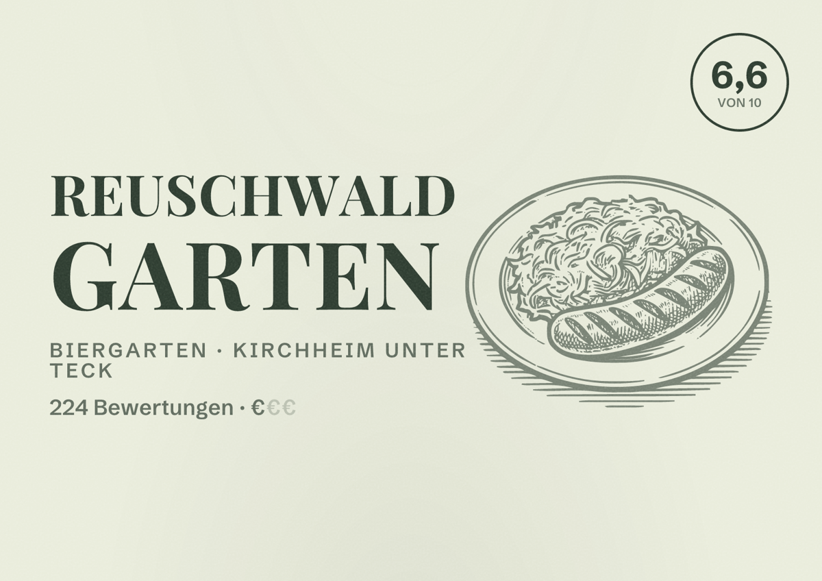 Illustriertes Poster von Reuschwald Garten, Biergarten in Kirchheim unter Teck: Bewertung 6,6 von 10 aus 224 Bewertungen, Preisniveau €