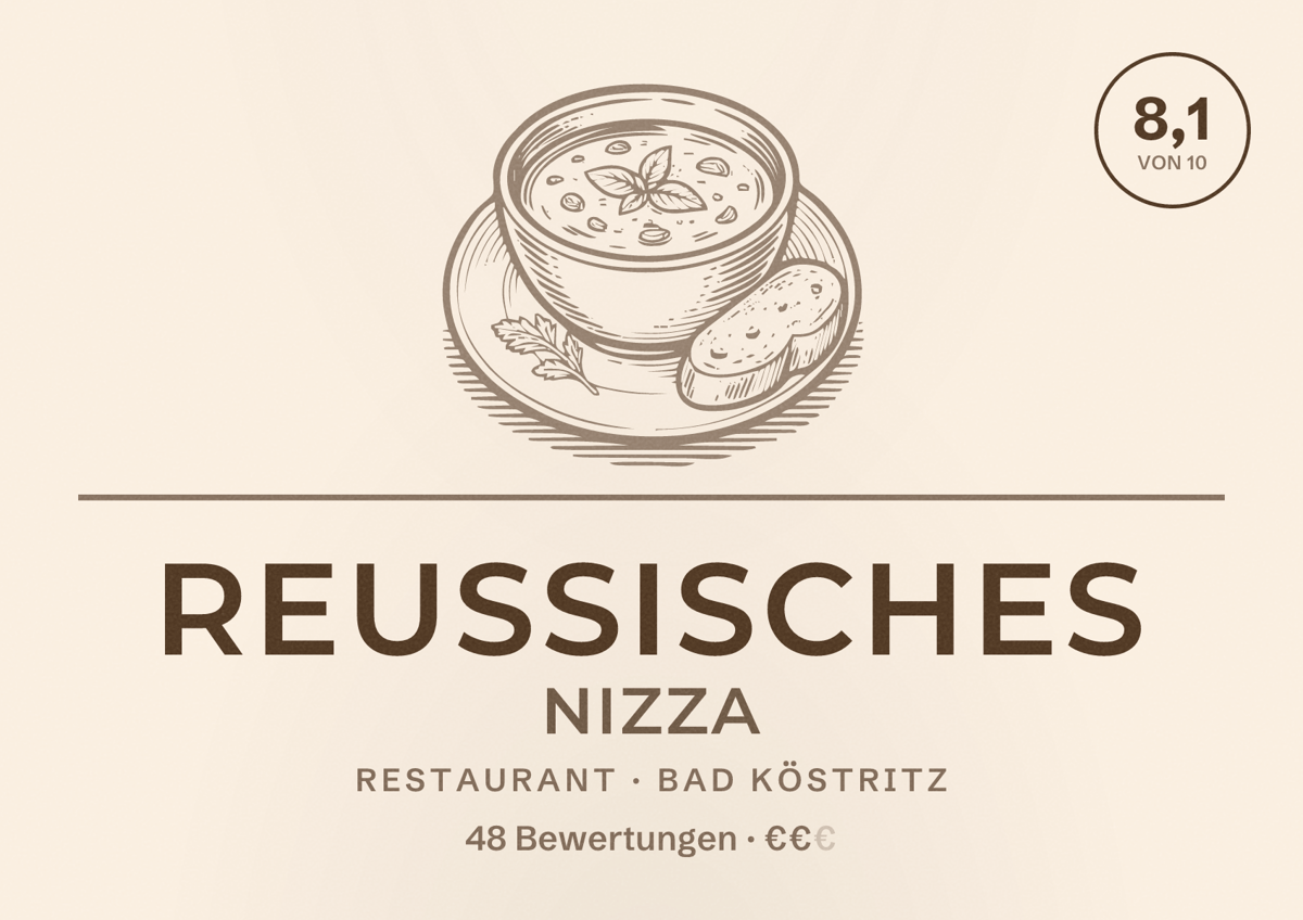 Illustriertes Poster von Reussisches Nizza, Restaurant in Bad Köstritz: Bewertung 8,1 von 10 aus 48 Bewertungen, Preisniveau €€