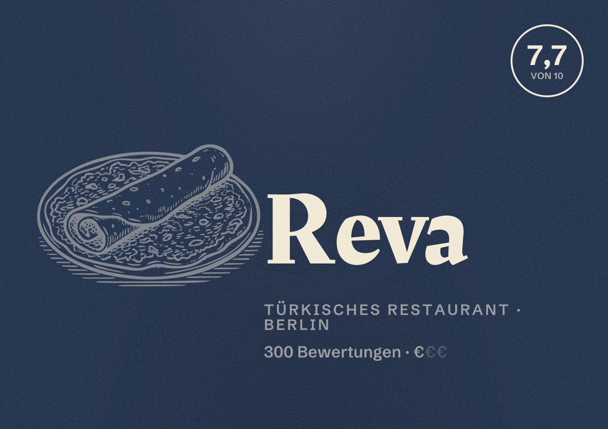 Illustriertes Poster von Reva, Türkisches Restaurant in Berlin: Bewertung 7,7 von 10 aus 300 Bewertungen, Preisniveau €