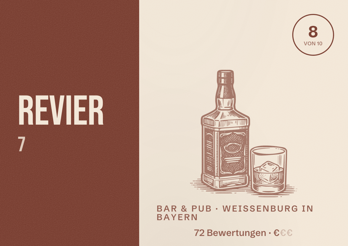 Illustriertes Poster von Revier 7, Bar & Pub in Weißenburg in Bayern: Bewertung 8 von 10 aus 72 Bewertungen, Preisniveau €