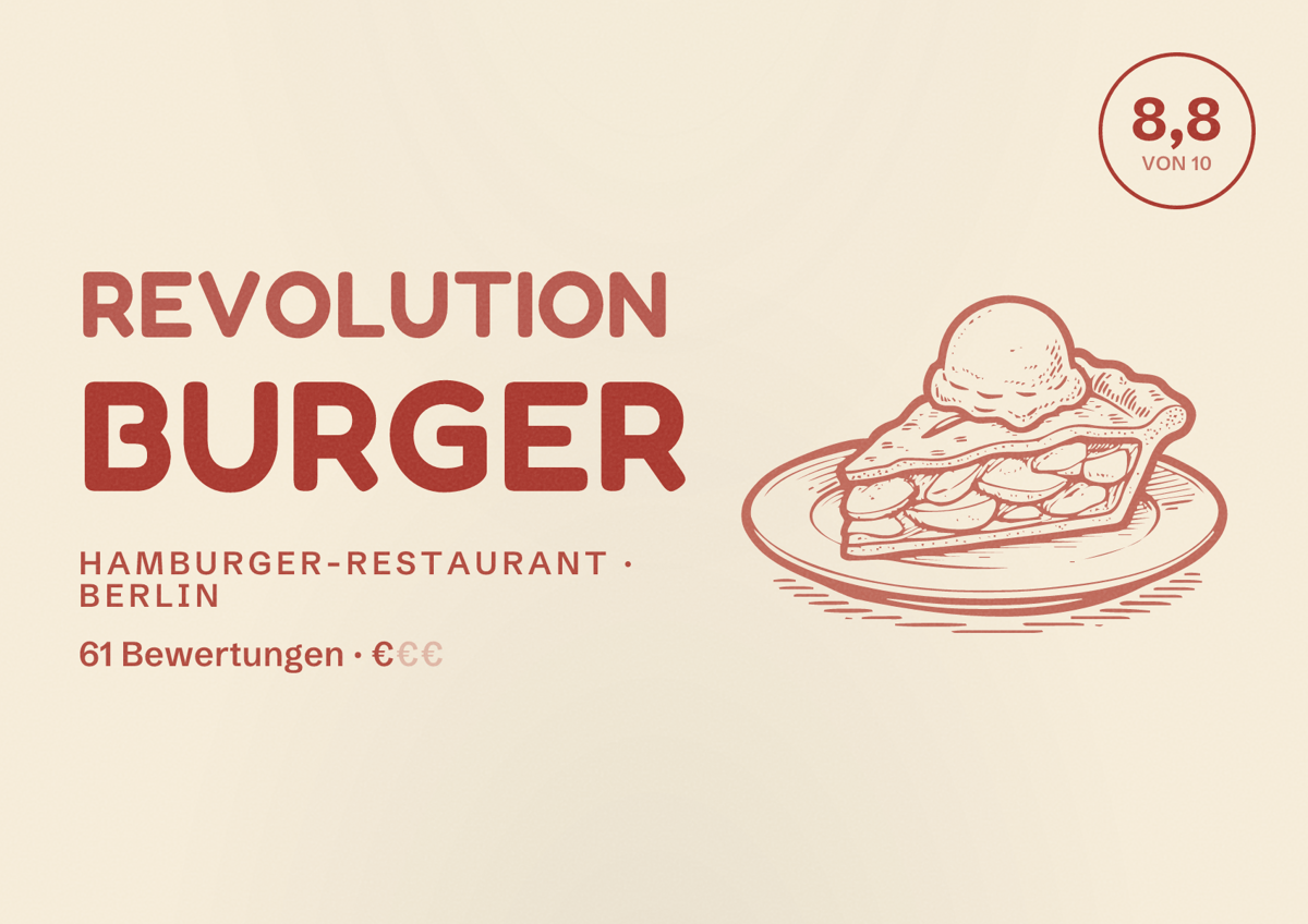 Illustriertes Poster von Revolution Burger, Hamburger-Restaurant in Berlin: Bewertung 8,8 von 10 aus 61 Bewertungen, Preisniveau €