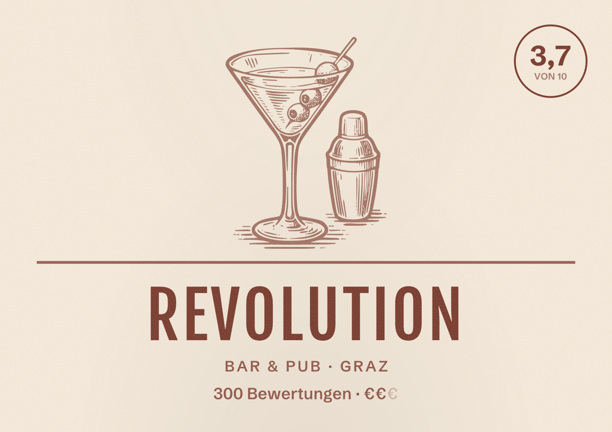 Illustriertes Poster von Revolution, Bar & Pub in Graz: Bewertung 3,7 von 10 aus 300 Bewertungen, Preisniveau €€