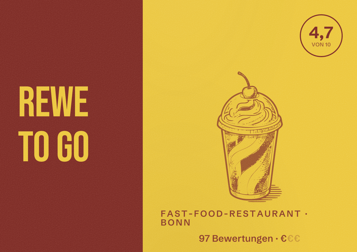 Illustriertes Poster von REWE To Go, Fast-Food-Restaurant in Bonn: Bewertung 4,7 von 10 aus 97 Bewertungen, Preisniveau €