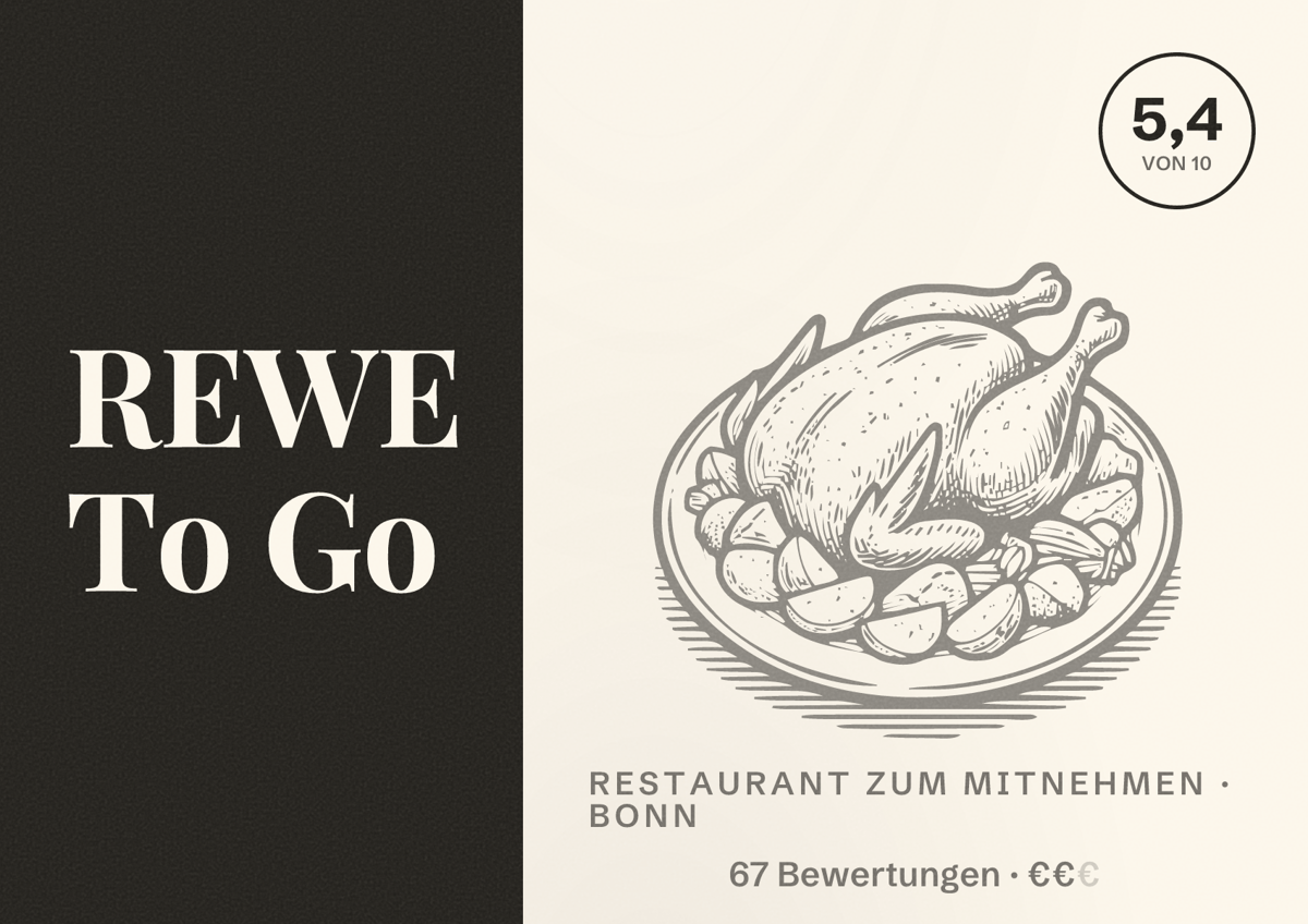 Illustriertes Poster von REWE To Go, Restaurant zum Mitnehmen in Bonn: Bewertung 5,4 von 10 aus 67 Bewertungen, Preisniveau €€