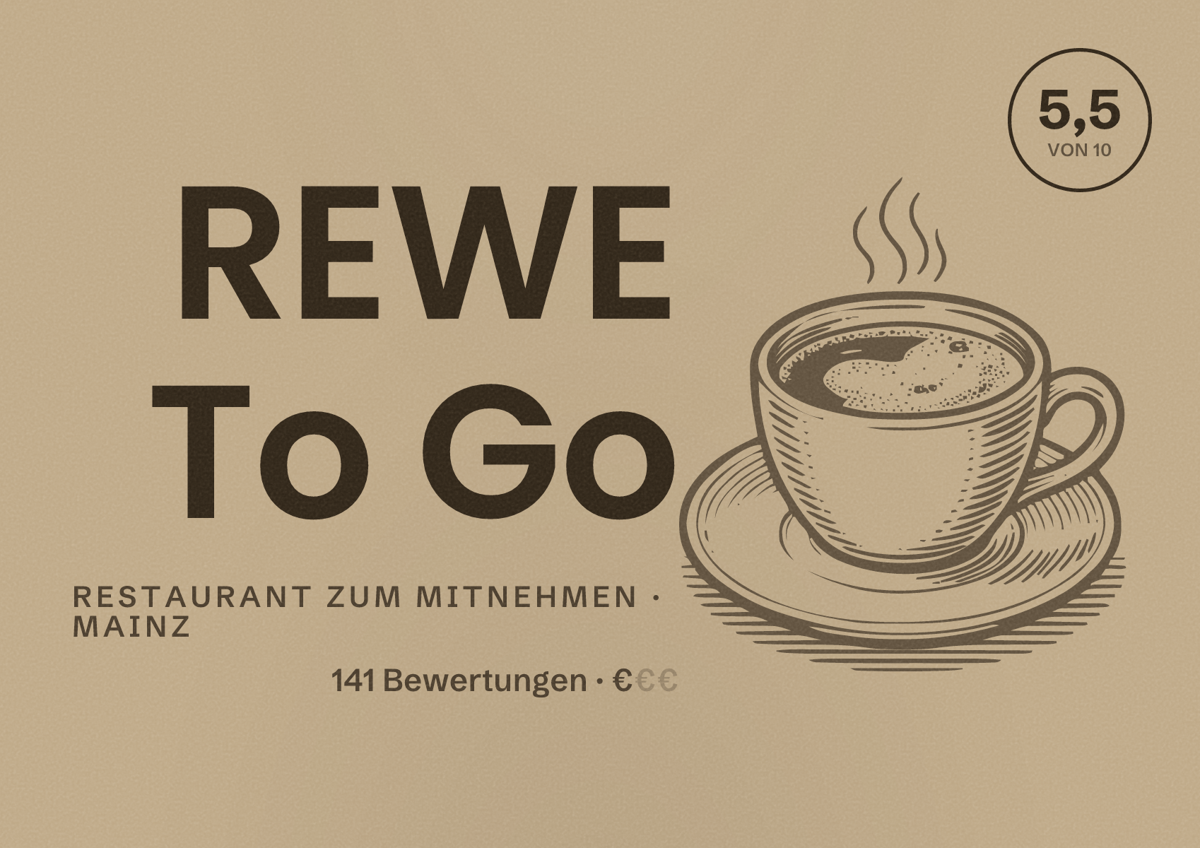 Illustriertes Poster von REWE To Go, Restaurant zum Mitnehmen in Mainz: Bewertung 5,5 von 10 aus 141 Bewertungen, Preisniveau €