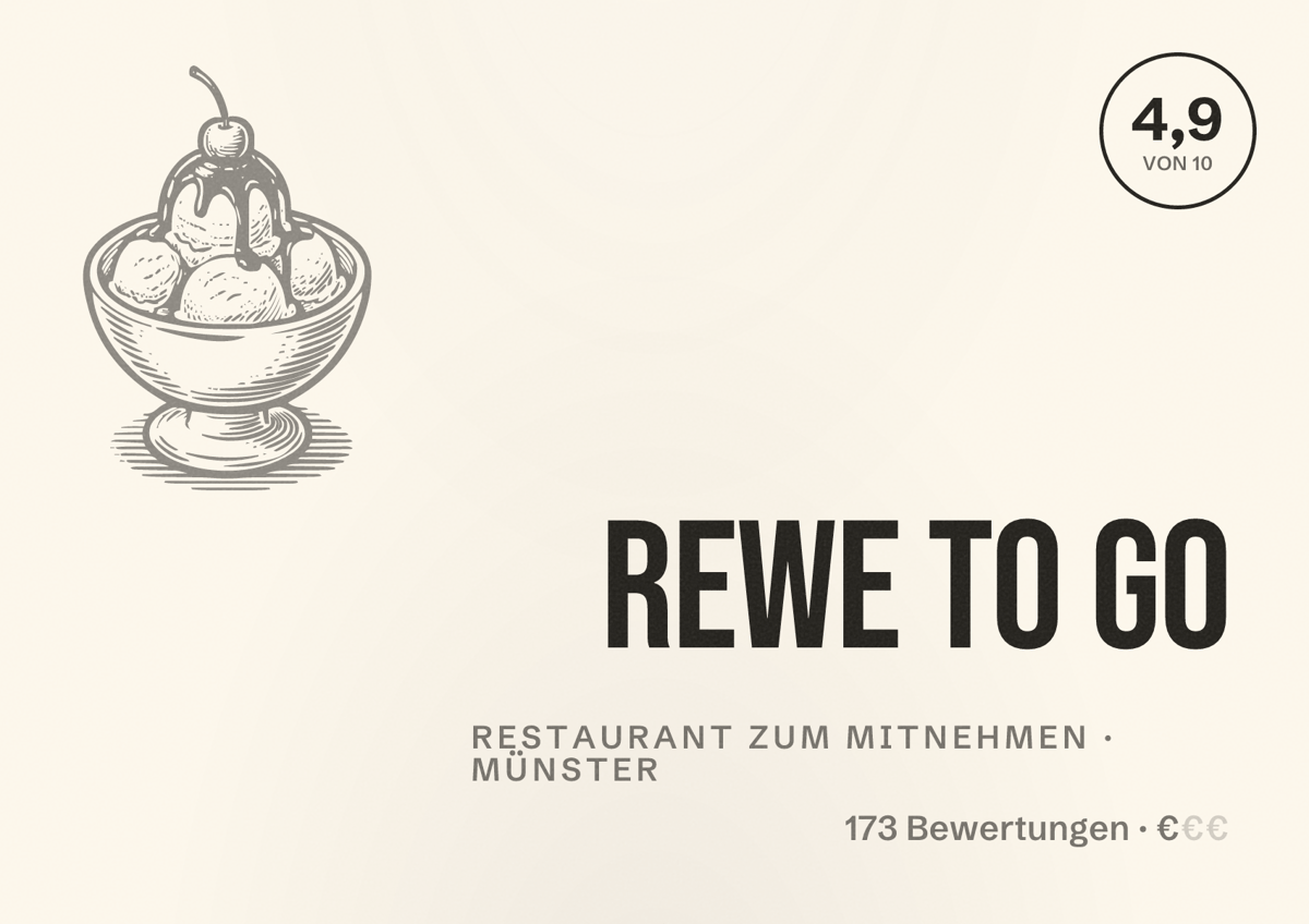 Illustriertes Poster von REWE To Go, Restaurant zum Mitnehmen in Münster: Bewertung 4,9 von 10 aus 173 Bewertungen, Preisniveau €