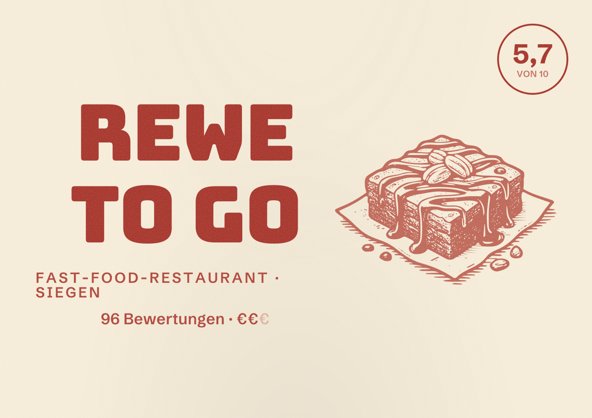 Illustriertes Poster von REWE To Go, Fast-Food-Restaurant in Siegen: Bewertung 5,7 von 10 aus 96 Bewertungen, Preisniveau €€