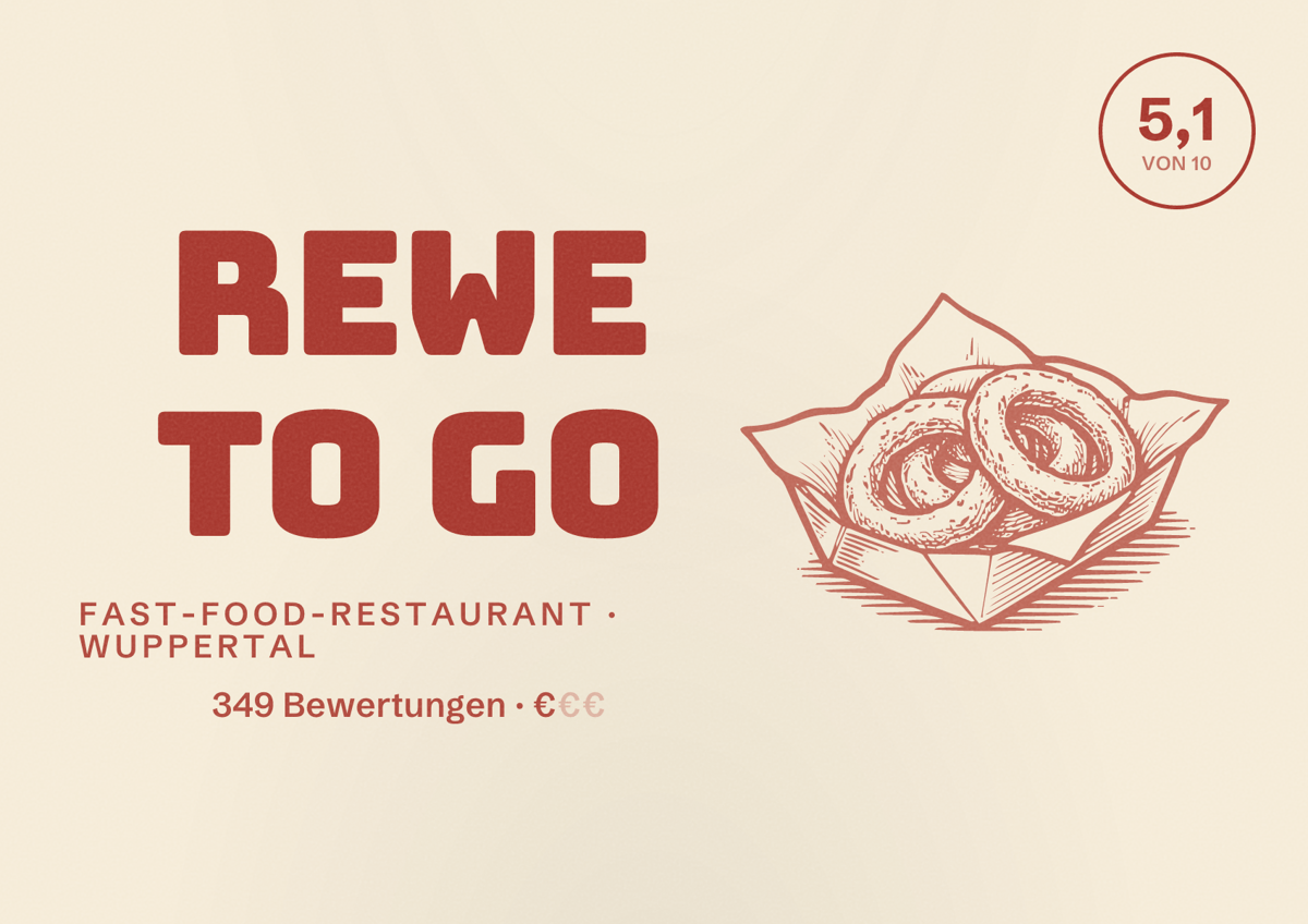 Illustriertes Poster von REWE To Go, Fast-Food-Restaurant in Wuppertal: Bewertung 5,1 von 10 aus 349 Bewertungen, Preisniveau €