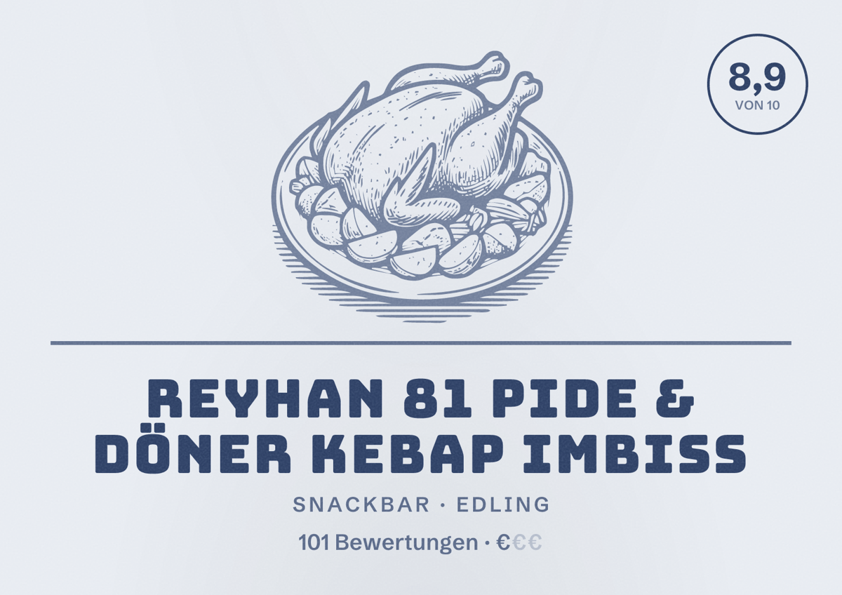 Illustriertes Poster von Reyhan 81 pide & döner kebap imbiss, Snackbar in Edling: Bewertung 8,9 von 10 aus 101 Bewertungen, Preisniveau €