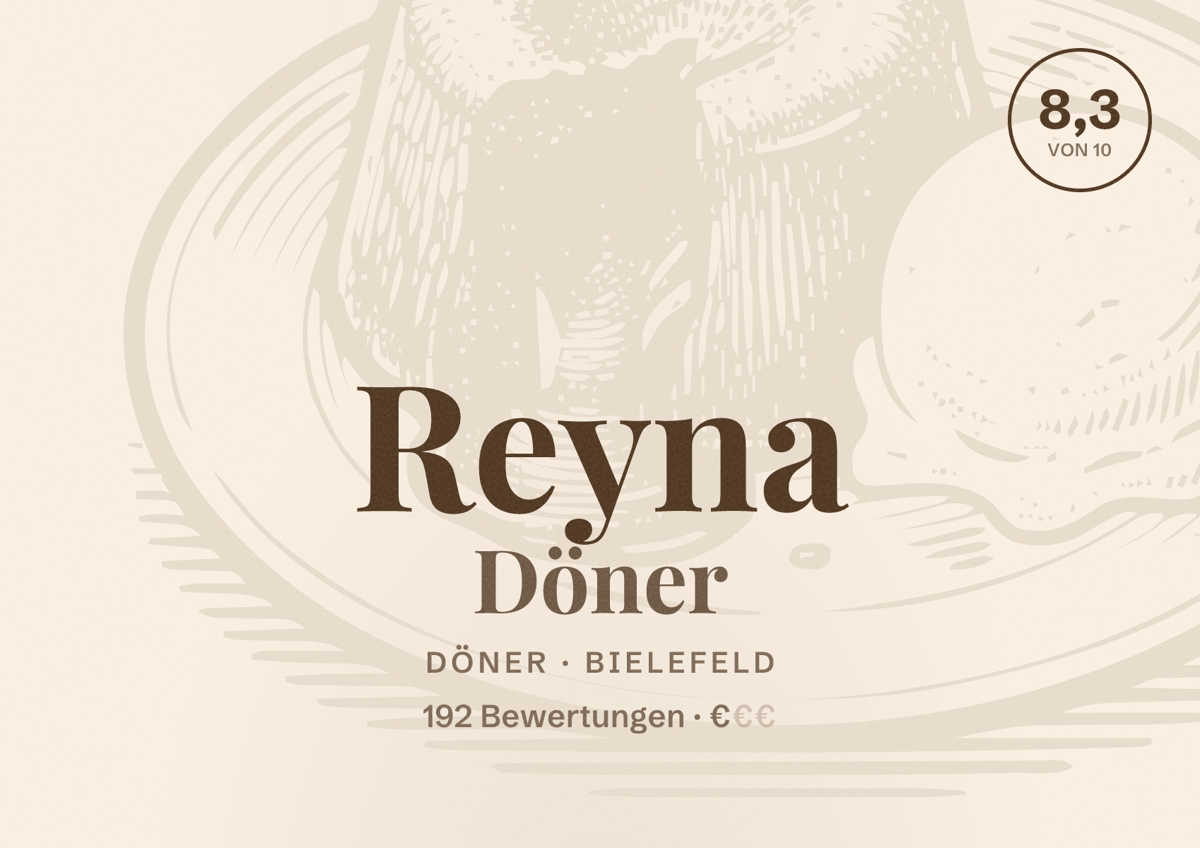 Illustriertes Poster von Reyna Döner, Döner in Bielefeld: Bewertung 8,3 von 10 aus 192 Bewertungen, Preisniveau €