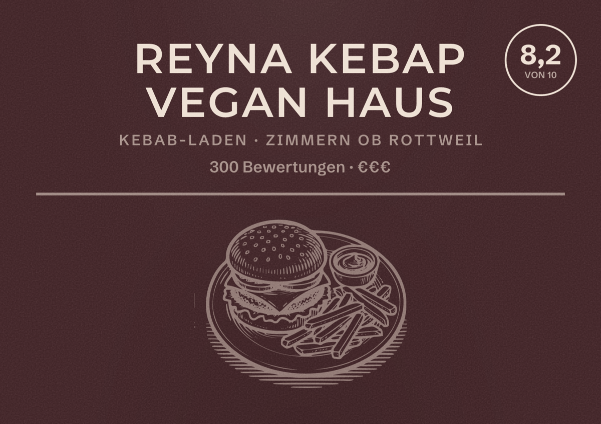 Illustriertes Poster von Reyna Kebap Vegan Haus, Kebab-Laden in Zimmern ob Rottweil: Bewertung 8,2 von 10 aus 300 Bewertungen, Preisniveau €€€