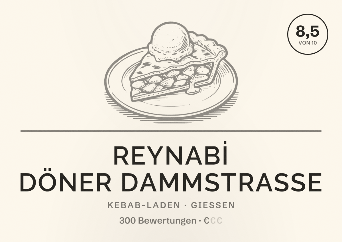 Illustriertes Poster von REYNABİ DÖNER Dammstraße, Kebab-Laden in Gießen: Bewertung 8,5 von 10 aus 300 Bewertungen, Preisniveau €