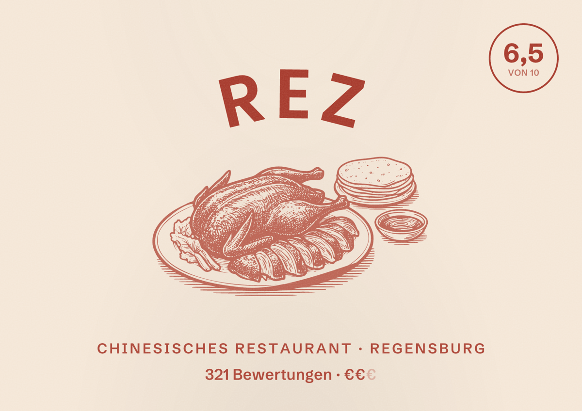 Illustriertes Poster von REZ, Chinesisches Restaurant in Regensburg: Bewertung 6,5 von 10 aus 321 Bewertungen, Preisniveau €€