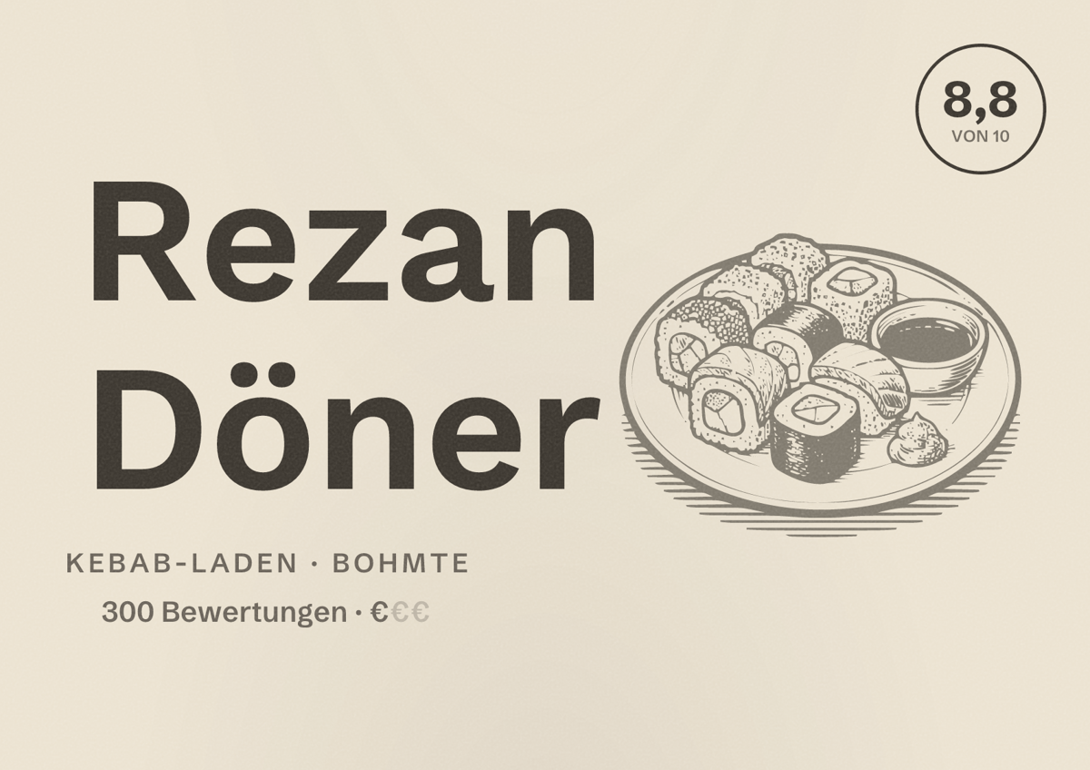 Illustriertes Poster von Rezan Döner, Kebab-Laden in Bohmte: Bewertung 8,8 von 10 aus 300 Bewertungen, Preisniveau €