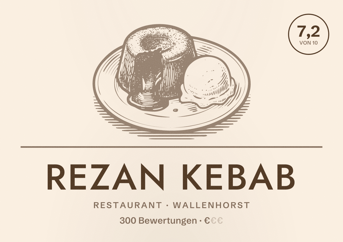 Illustriertes Poster von Rezan Kebab, Restaurant in Wallenhorst: Bewertung 7,2 von 10 aus 300 Bewertungen, Preisniveau €