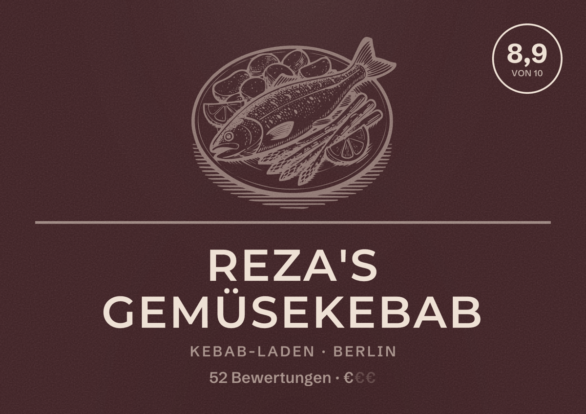 Illustriertes Poster von Reza's Gemüsekebab, Kebab-Laden in Berlin: Bewertung 8,9 von 10 aus 52 Bewertungen, Preisniveau €