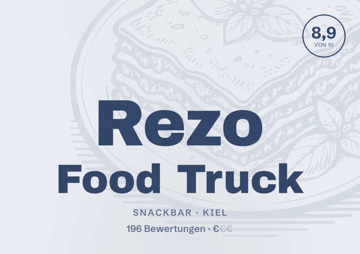 Illustriertes Poster von Rezo Food Truck, Snackbar in Kiel: Bewertung 8,9 von 10 aus 196 Bewertungen, Preisniveau €