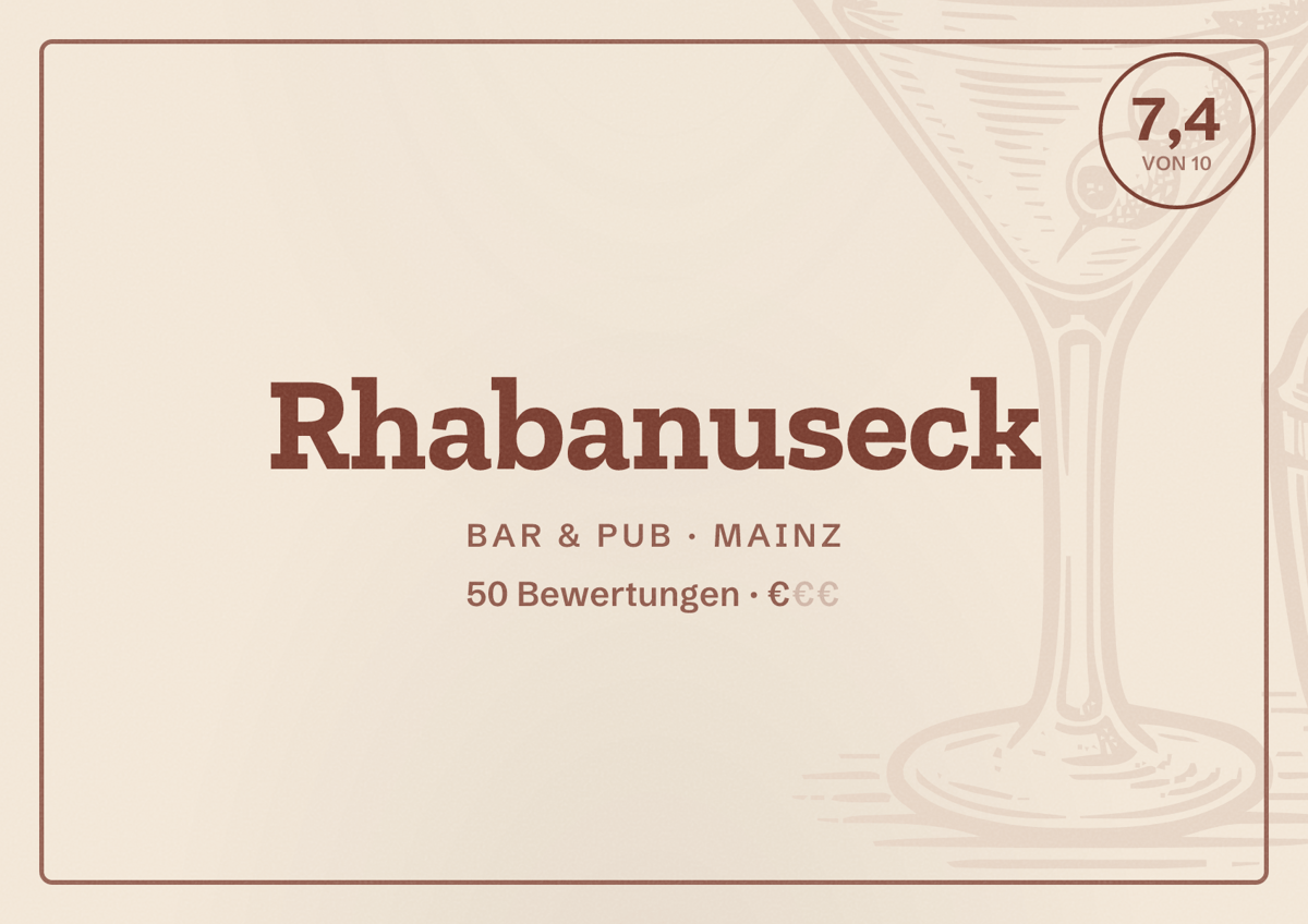 Illustriertes Poster von Rhabanuseck, Bar & Pub in Mainz: Bewertung 7,4 von 10 aus 50 Bewertungen, Preisniveau €