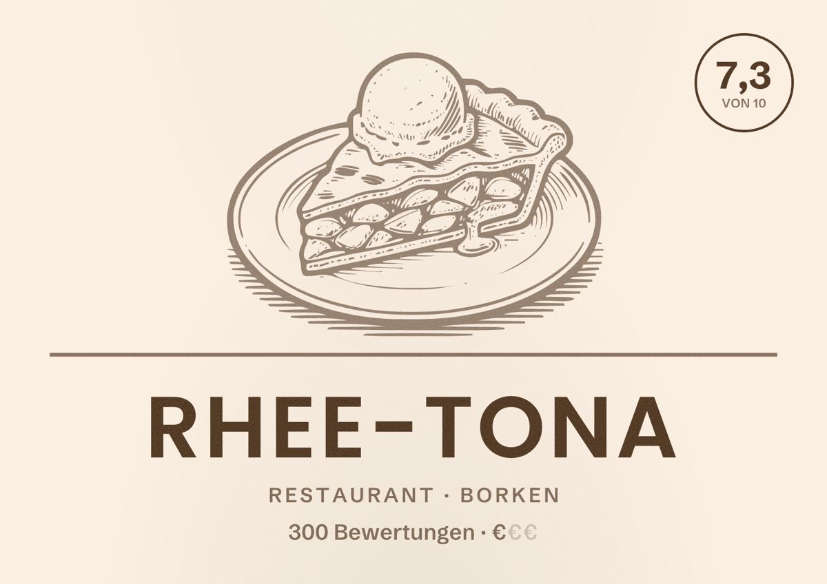 Illustriertes Poster von Rhee-Tona, Restaurant in Borken: Bewertung 7,3 von 10 aus 300 Bewertungen, Preisniveau €