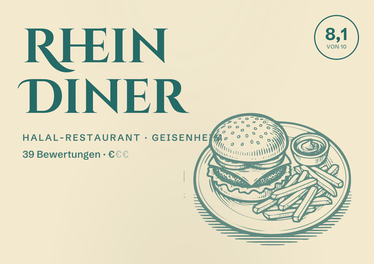 Illustriertes Poster von Rhein Diner, Halal-Restaurant in Geisenheim: Bewertung 8,1 von 10 aus 39 Bewertungen, Preisniveau €