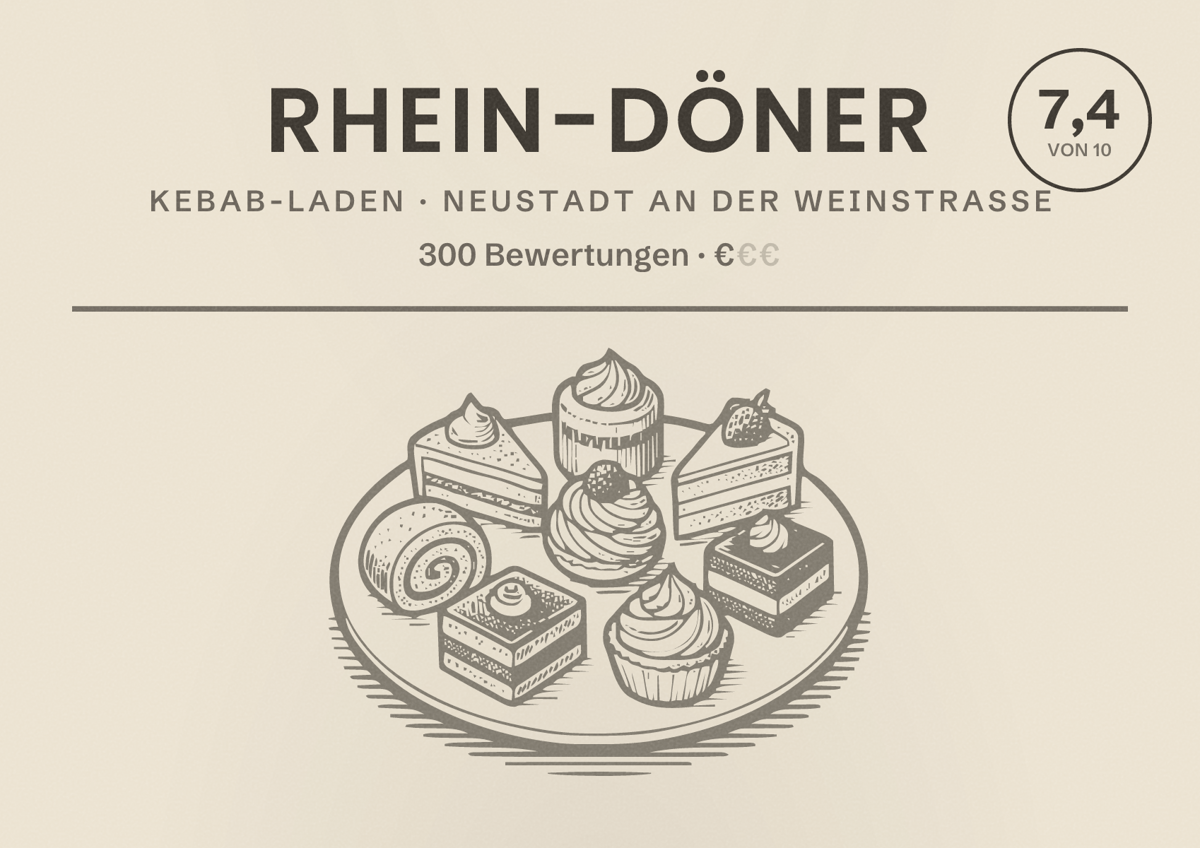Illustriertes Poster von Rhein-Döner, Kebab-Laden in Neustadt an der Weinstraße: Bewertung 7,4 von 10 aus 300 Bewertungen, Preisniveau €
