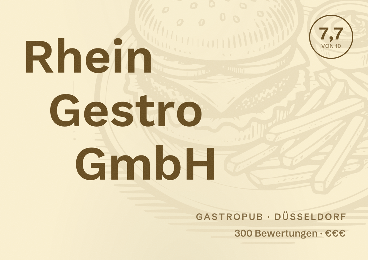 Illustriertes Poster von Rhein Gestro GmbH, Gastropub in Düsseldorf: Bewertung 7,7 von 10 aus 300 Bewertungen, Preisniveau €€€