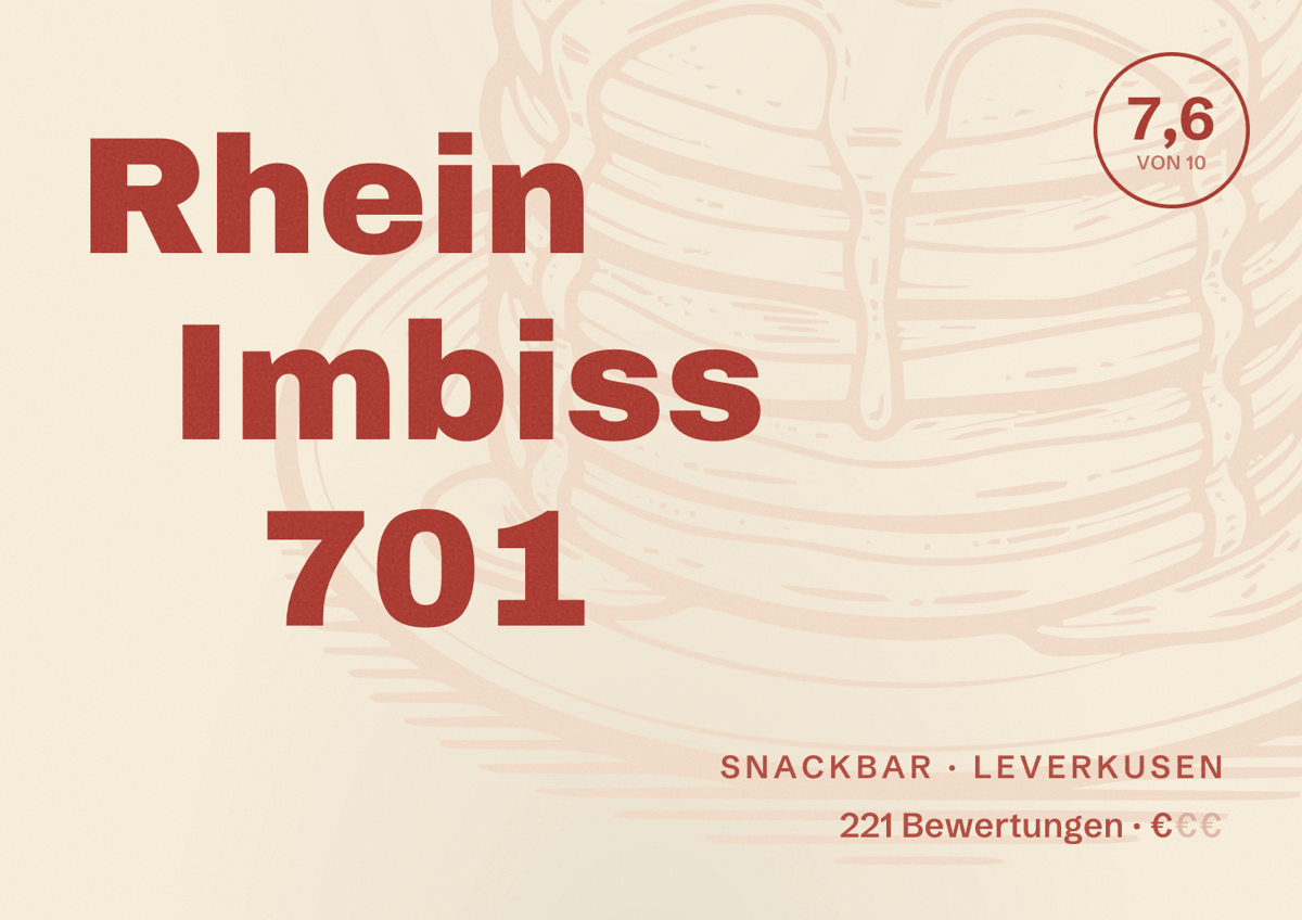 Illustriertes Poster von Rhein Imbiss 701, Snackbar in Leverkusen: Bewertung 7,6 von 10 aus 221 Bewertungen, Preisniveau €