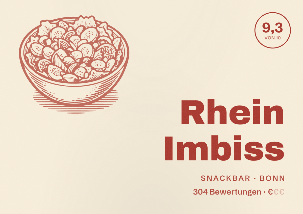 Illustriertes Poster von Rhein Imbiss, Snackbar in Bonn: Bewertung 9,3 von 10 aus 304 Bewertungen, Preisniveau €