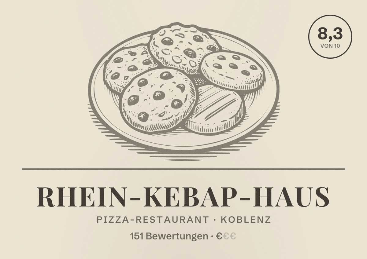 Illustriertes Poster von Rhein-Kebap-Haus, Pizza-Restaurant in Koblenz: Bewertung 8,3 von 10 aus 151 Bewertungen, Preisniveau €