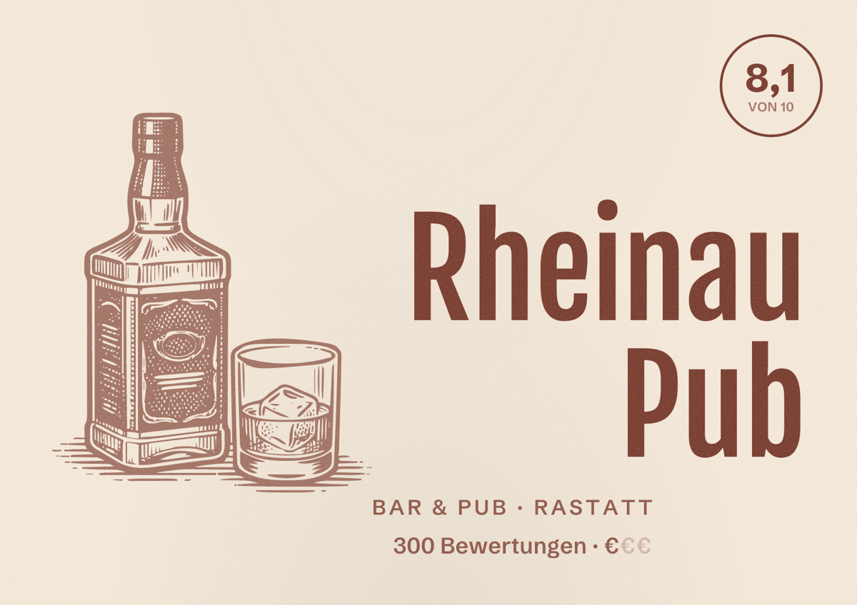 Illustriertes Poster von Rheinau Pub, Bar & Pub in Rastatt: Bewertung 8,1 von 10 aus 300 Bewertungen, Preisniveau €